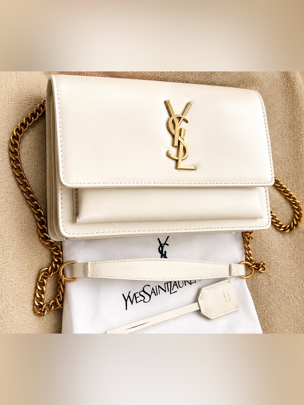 Inspo Cream Leather Crossbody Bag with Gold Chain and YSL Logo